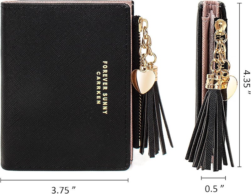 KOTORA Womens Small Wallet Girls Tiny Slim Wallets Pretty Mini Card Holder Thin Short Zip Coin Purse with Love Pendant and Tassels (Black) - Image 2